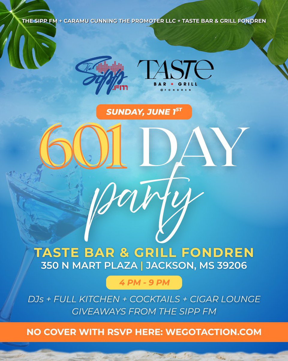 thesippfm's tweet photo. 🗣️Jackson, MS‼️

The Annual “601” Day Party

Sunday, June 1st

📍Taste Bar and Grill Fondren
4PM - 9PM

No Cover Charge RSVP + Lounge Section Reservations Here 👉🏾 https://t.co/73lkuNNDJ3

Food + Cocktails + DJs + Local Artist Meet &amp; Greets + Cigar Lounge Vibes 

#601Day https://t.co/pLwQ7nFIyr