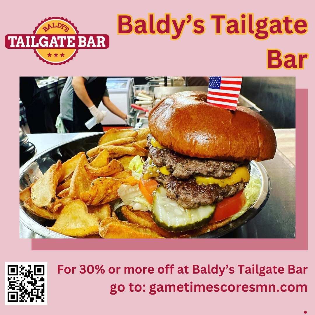 ONLY A FEW LEFT, GET THEM BEFORE THE SEASON IS OVER!! 

GET 50% OFF AT Baldy's Tailgate Bar. 

Check out Gametimemnscores.com AND GET A $50 gift card FOR $25 AT Baldys!