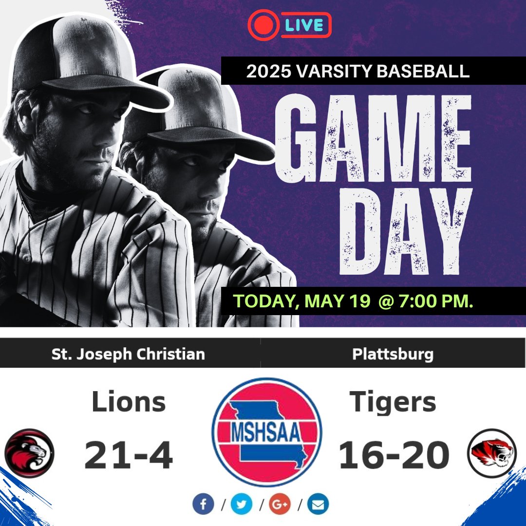 🔥𝙂𝘼𝙈𝙀𝘿𝘼𝙔
⚾️ Plattsburg 🆚 St. Joseph Christian 
📺 Live: livestream.highschoolsports.live
🗓 Today, May 19
⏰️ 7p.
<a href="/SJCSLions/">St. Joseph Christian</a> <a href="/Coach_Adkins1/">Hunter Adkins</a> <a href="/CoachBurnz/">Coach Burns 🛡️</a> <a href="/gavinboyle_4/">Gavin</a> <a href="/ClubPlattsburg/">PlattsburgBoosterClub</a> <a href="/PlattsburgAD/">PlattsburgTigersAD</a> <a href="/PlattsburgHS/">PHS Tigers</a> <a href="/PlattsburgBase2/">Plattsburg_Baseball</a> 
<a href="/deimeke03/">Jeff Deimeke</a>