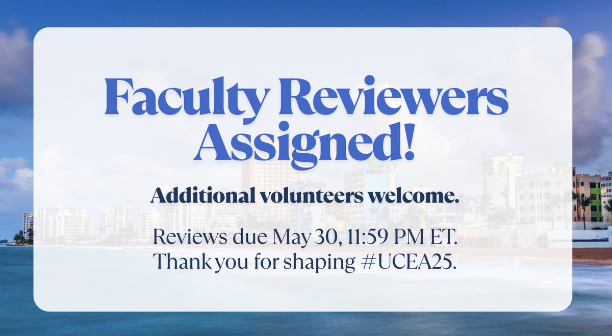📢 Faculty have been assigned reviews for #UCEA25, due May 30, 11:59 PM ET! Additional faculty volunteer reviewers (who didn't submit proposals) are welcome!
Sign up: members.ucea.org/members/form.p…
More resources: ucea.org/proposals_revi…
#LeadershipMatters <a href="/DrMoniByrne/">Mónica Byrne-Jiménez</a> <a href="/UCEAGSC/">UCEA GSC</a> <a href="/UCEAJSN/">Jackson Scholars Network</a>