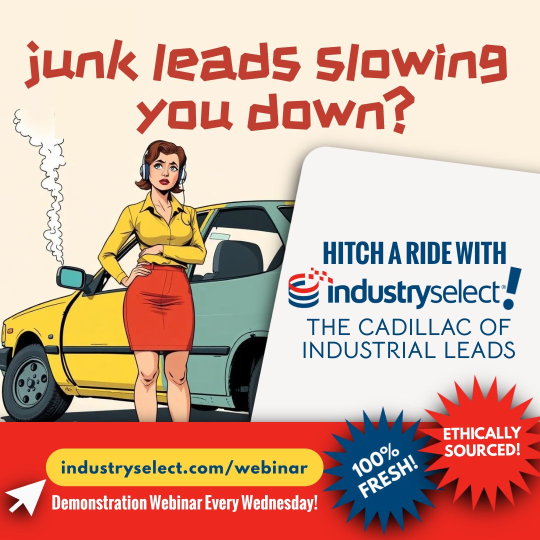 Tired of clunkers in your pipeline?
If your lead data is outdated, incomplete, or just plain unreliable, it’s time to trade up.
👋 Hitch a ride with IndustrySelect, the Cadillac of industrial leads, fully loaded with verified industrial contacts, detailed company profiles, and