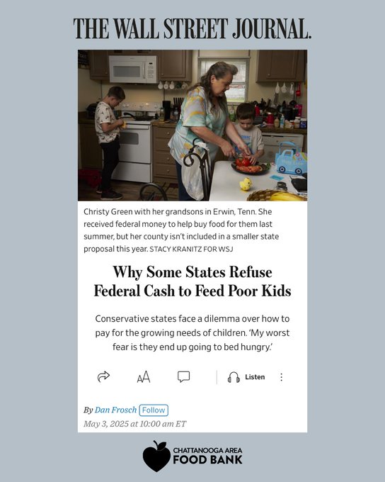 We spoke to <a href="/WSJ/">The Wall Street Journal</a> about TN's decision to decline Summer EBT funds—and what that means for kids in our region. 🍎 Read the full story here: msn.com/en-us/news/us/…