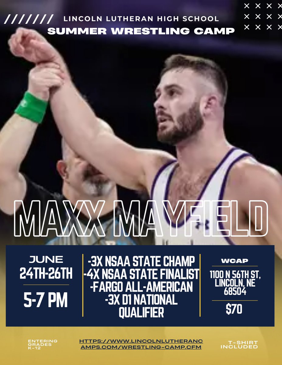 LLWarriorWrestling (@ll_wrestling) on Twitter photo 📣 CAMP ANNOUNCEMENT
<a href="/maxxmayfield5/">Maxwell Mayfield</a> is running a 3 day camp. Come learn from one of colleges best.
🗓️ June 24th-26th
📍 Lincoln Lutheran High School (WCAP)
💪 Grades K-12| All Skill Levels
💥 $70
Train with a local
🔗 Sign up now → lincolnlutherancamps.com/athletic_camps… 📣 CAMP ANNOUNCEMENT
<a href="/maxxmayfield5/">Maxwell Mayfield</a> is running a 3 day camp. Come learn from one of colleges best.
🗓️ June 24th-26th
📍 Lincoln Lutheran High School (WCAP)
💪 Grades K-12| All Skill Levels
💥 $70
Train with a local
🔗 Sign up now → lincolnlutherancamps.com/athletic_camps…