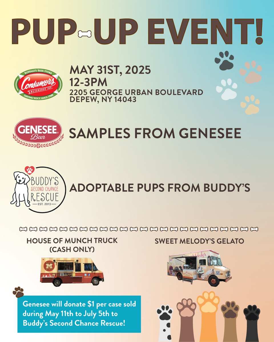 To help with the Buddy's x Genesee initiative we will be hosting a pup-up event, come hang out and buy a case of Genny:

📍 Parking lot of 2205 George Urban Boulevard, Depew Consumer's

🍺 Samples of Genesee Beer from Genesee Brewery

🐶 5-8 adoptable pups from Buddy's Second