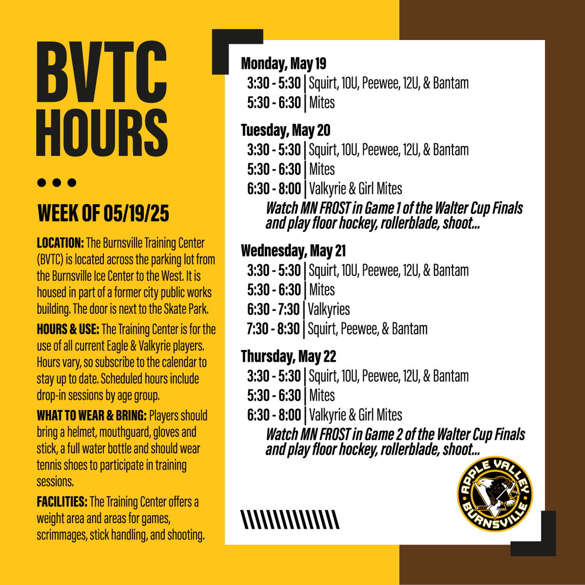 🏒 BVTC HOURS THIS WEEK! 💪🔥
Don't forget your helmet, gloves, stick, &amp; water bottle! 🚰

See you there! 🦅💪 Full schedule: 👉 avbhockey.com/bvtc
#TrainLikeAnEagle #BVTC #AVBHA
