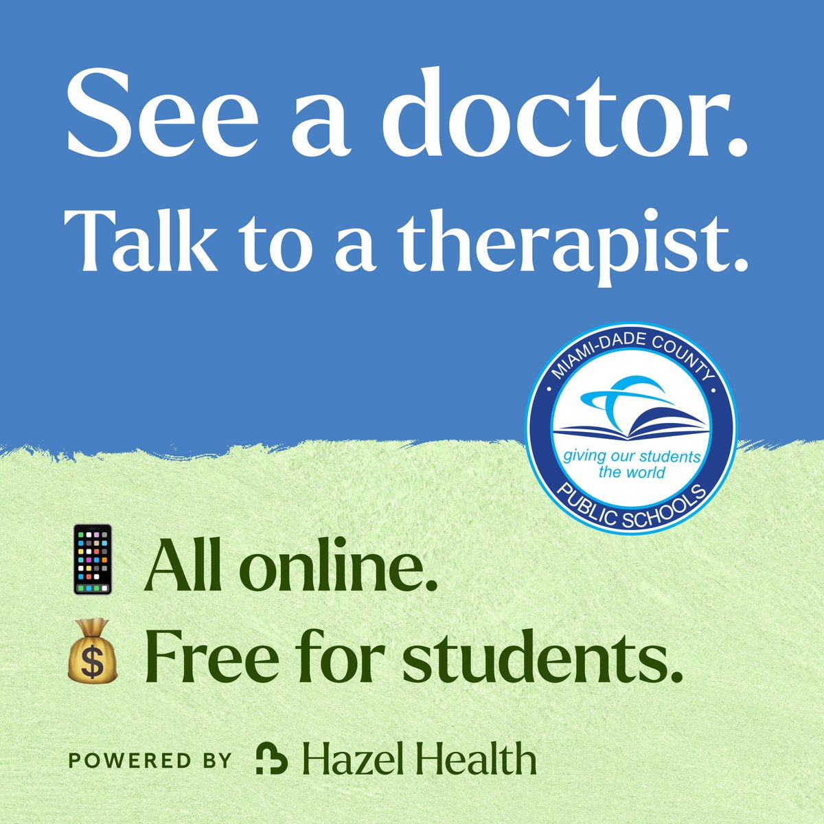 The District’s partnership with Hazel Telehealth ensures students get the care they need when they need it. No cost to families, no time lost in the classroom! 

Available 7:00 a.m. – 5:00 p.m. for physical health, 7:00 a.m. – 7:00 p.m. for mental health. 

To enroll your