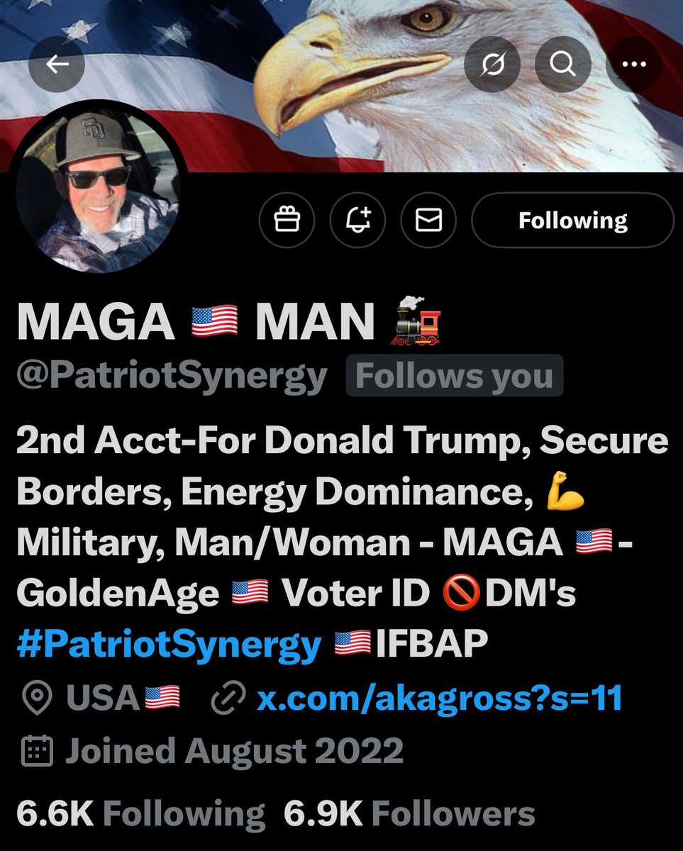 MAGA MAN is a true Patriot and supports others with account growth.  Go thank <a href="/PatriotSynergy/">MAGA 🇺🇸 MAN 🚂</a> for helping others and for being an overall nice dude.