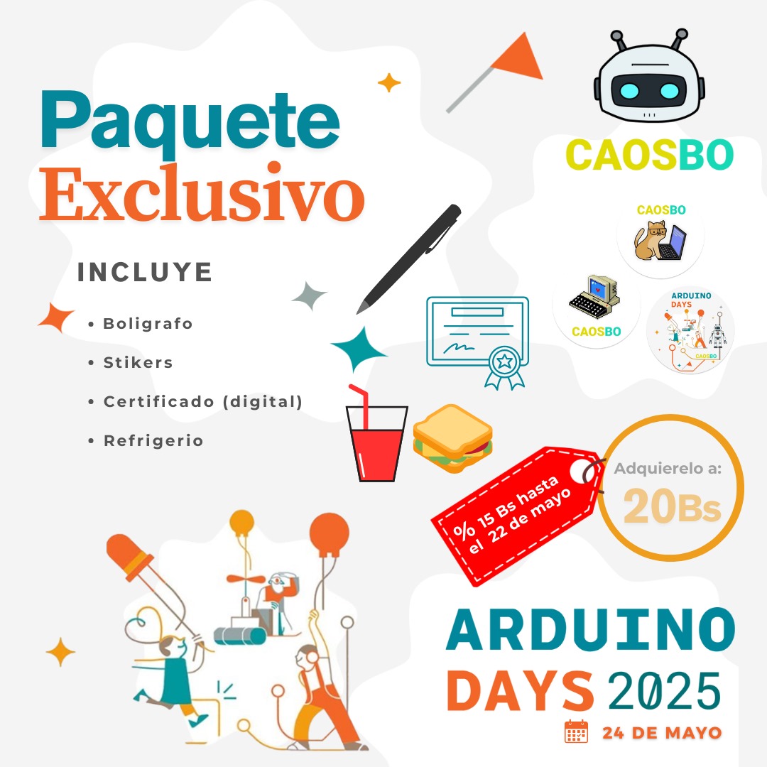 CAOSBO_'s tweet image. ¡🎉Ya se acerca el Arduino Days 2025 CAOSBO! 🤖
💥 ¡Aprovecha el descuento!
🔗forms.gle/VF2tot9joF9FqN…
¡No te lo pierdas! Prepárate para aprender y compartir.🚀🔥
#ArduinoDays2025 #CAOSBO #Arduino