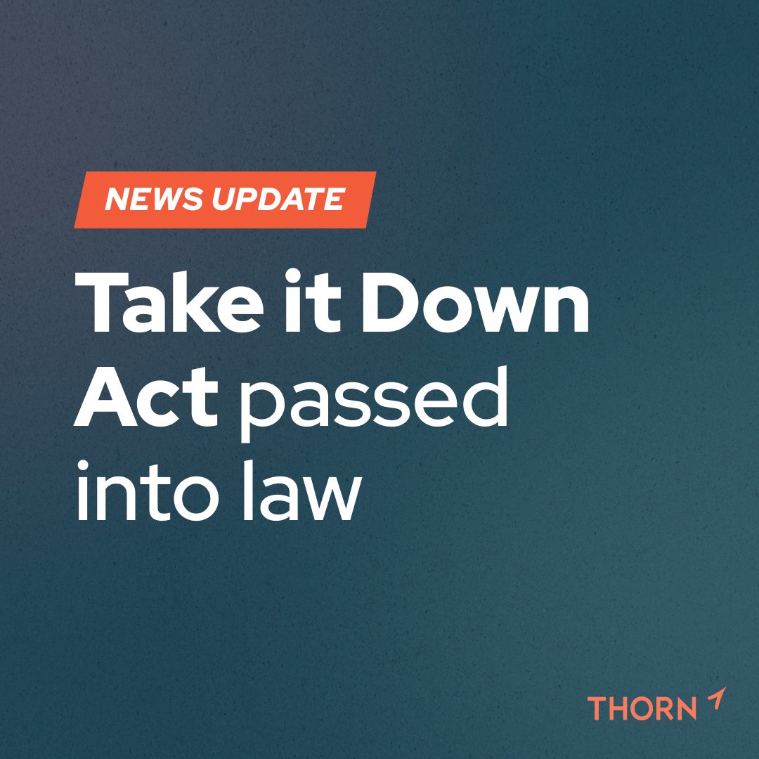 thorn's tweet image. The Take It Down Act has officially been signed into law.
The new legislation is important because it criminalizes the distribution of intimate images—whether real or AI-generated—shared without consent, and holds platforms accountable to act quickly.
thorn.org/blog/thorn-sup…