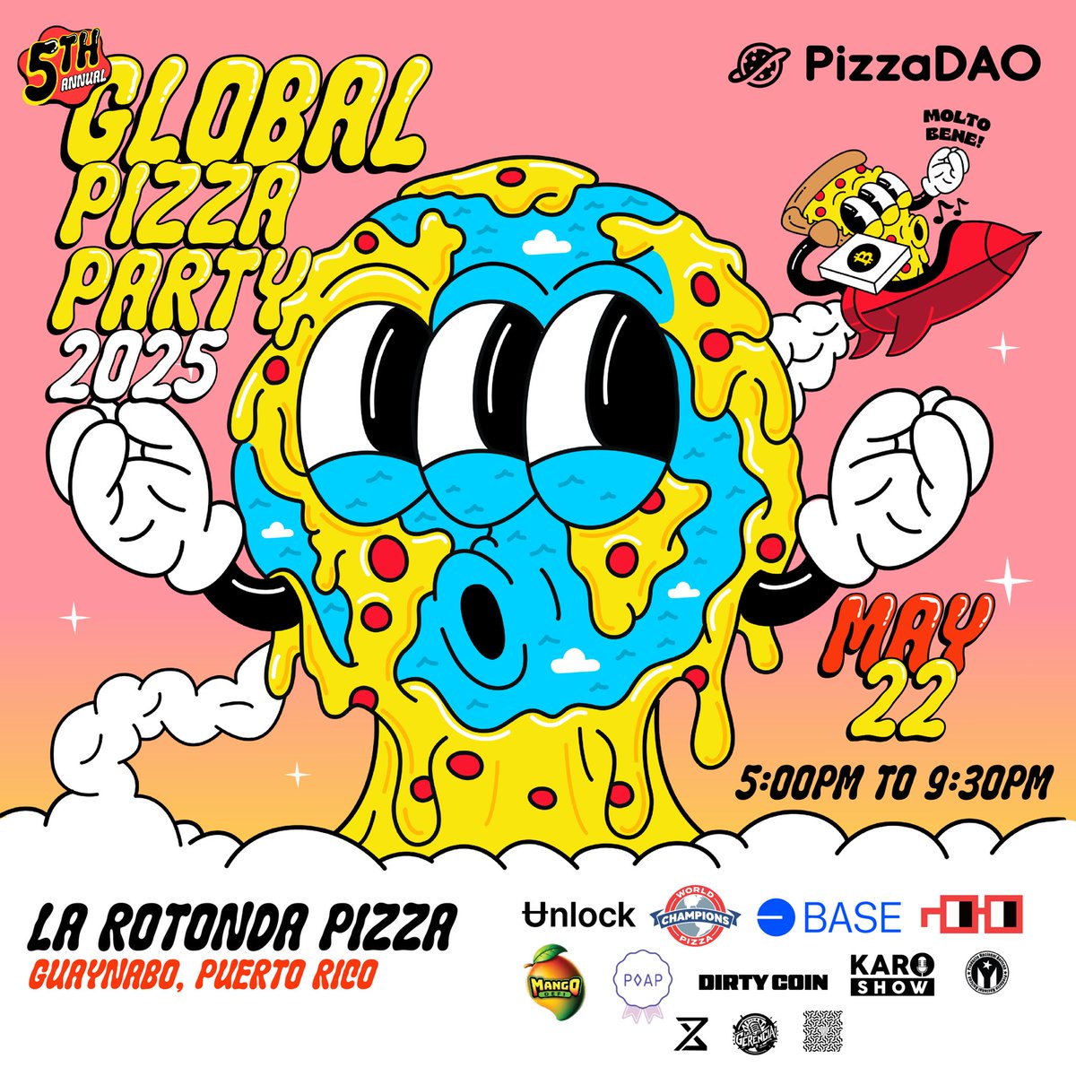 ¡Esta semana es el Global Pizza Party – Puerto Rico! 🇵🇷

Nos unimos al <a href="/Pizza_DAO/">PizzaDAO.eth 🍕🏴‍☠️</a> con su 5ta edición del Global Pizza Party para celebrar el momento que marcó la historia del Bitcoin: 10,000 BTC por 2 pizzas 🍕

Ven a compartir con comunidad, arte, POAP, sorteos y PIZZA GRATIS.