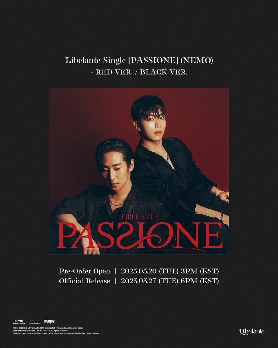 𝐿𝑖𝑏𝑒𝑙𝑎𝑛𝑡𝑒 | 𝐏𝐀𝐒𝐒𝐈𝐎𝐍𝐄 | 𝑆𝑖𝑛𝑔𝑙𝑒
❤‍🔥 𝐷𝑒𝑡𝑎𝑖𝑙𝑠 &amp; 𝑃𝑟𝑒-𝑂𝑟𝑑𝑒𝑟

리베란테 싱글 【PASSIONE】 (NEMO) - RED VER. / BLACK VER. 예약 구매 안내

🗓 예약 판매 오픈 : 2025년 5월 20일 (화) 15:00 (KST)
📍 구매처 : 네모즈샵 및 각종 온라인 음반 판매 사이트 (추후