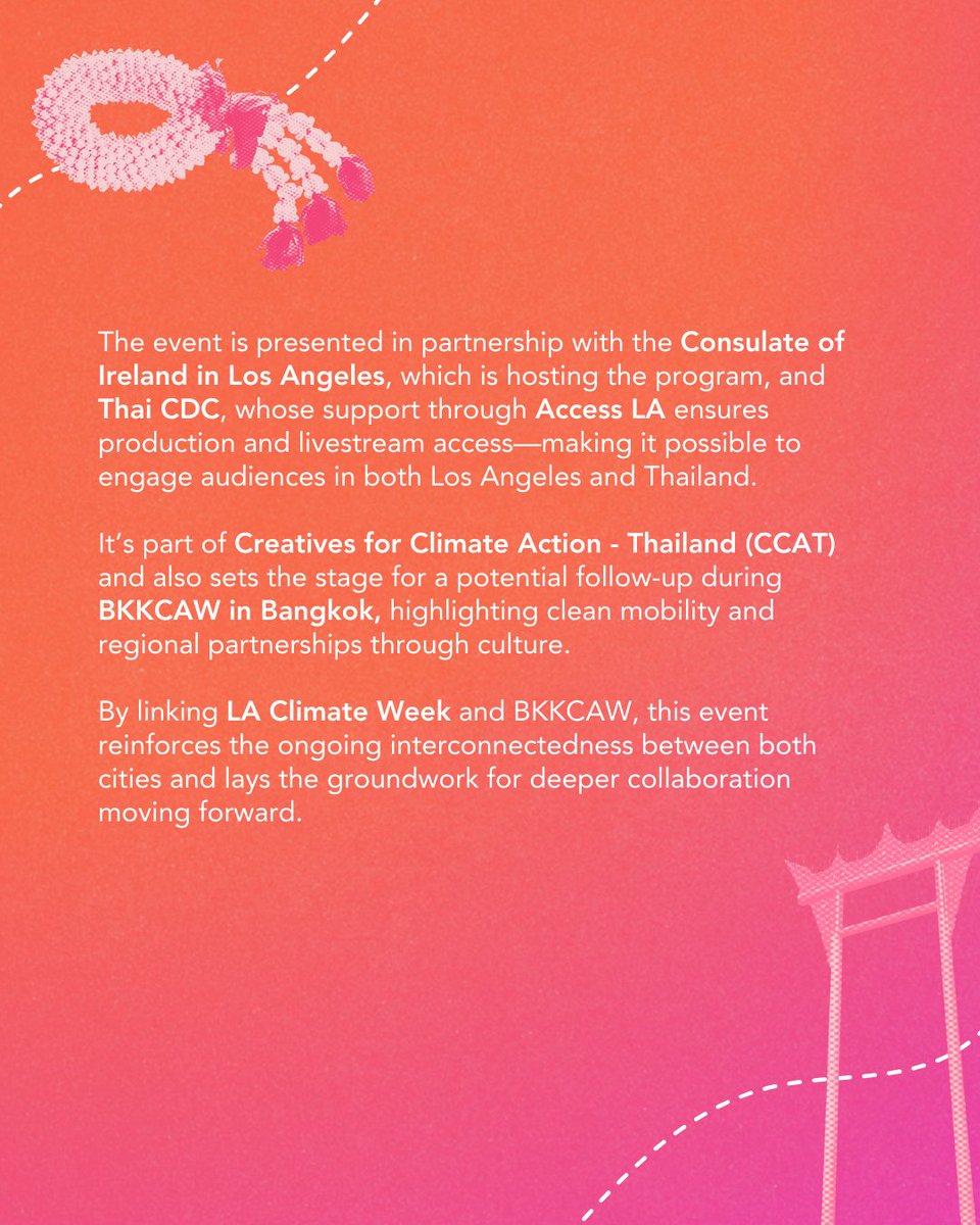 Thai CDC (@thaicdc) on Twitter photo ๐ฟ๐ LIVE May 22! Join us for โMobilizing Culture,โ a transnational panel linking #LAClimateWeek & #BKKCAW! Creative leaders tackle climate, culture & policy across borders.
๐ tinyurl.com/lacwxbkkcawlive
๐๏ธ @ThaiCDC <a href="/IrelandinLA/">Consulate General of Ireland, Los Angeles</a> @LACLIMATEWEEK
#ClimateCulture #BiodiversityDay ๐ฟ๐ LIVE May 22! Join us for โMobilizing Culture,โ a transnational panel linking #LAClimateWeek & #BKKCAW! Creative leaders tackle climate, culture & policy across borders.
๐ tinyurl.com/lacwxbkkcawlive
๐๏ธ @ThaiCDC <a href="/IrelandinLA/">Consulate General of Ireland, Los Angeles</a> @LACLIMATEWEEK
#ClimateCulture #BiodiversityDay