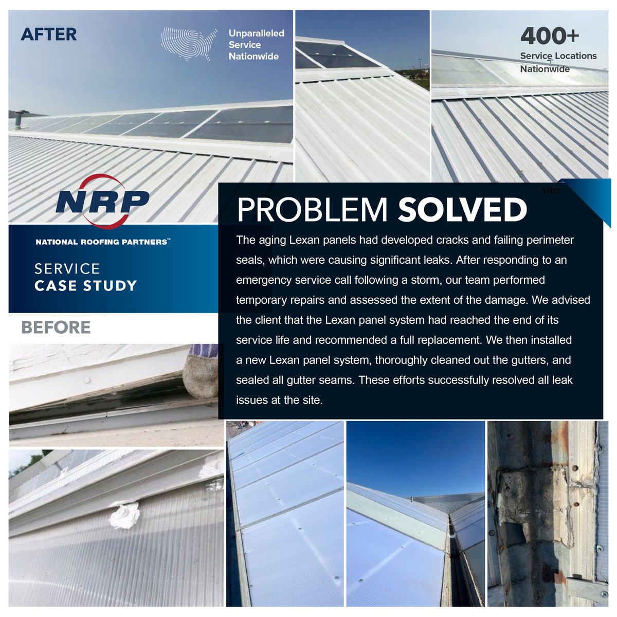 Service Case Study
✅ Aging Lexan panels were failing
 🌧️ Emerg. serv. call revealed system failure
 🔧 Temp repairs were made to stop leaks
 📋 Team recommended new panel system
 🛠️ Installed new panels &amp; cleaned out gutters/sealed all seams
 💧 Result: All leak issues resolved!
