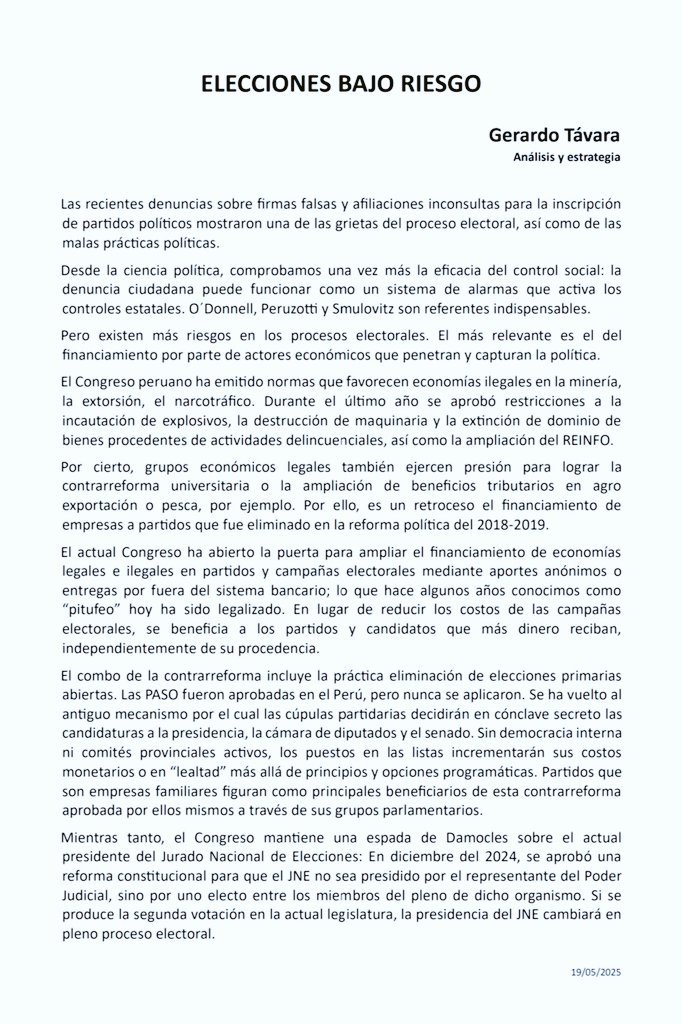 Gerardo_Tavara's tweet photo. Elecciones bajo riesgo.
Apuntes en torno a las elecciones generales del 2026.
#EG2026
#Peru🇵🇪 https://t.co/p8mg2saJay