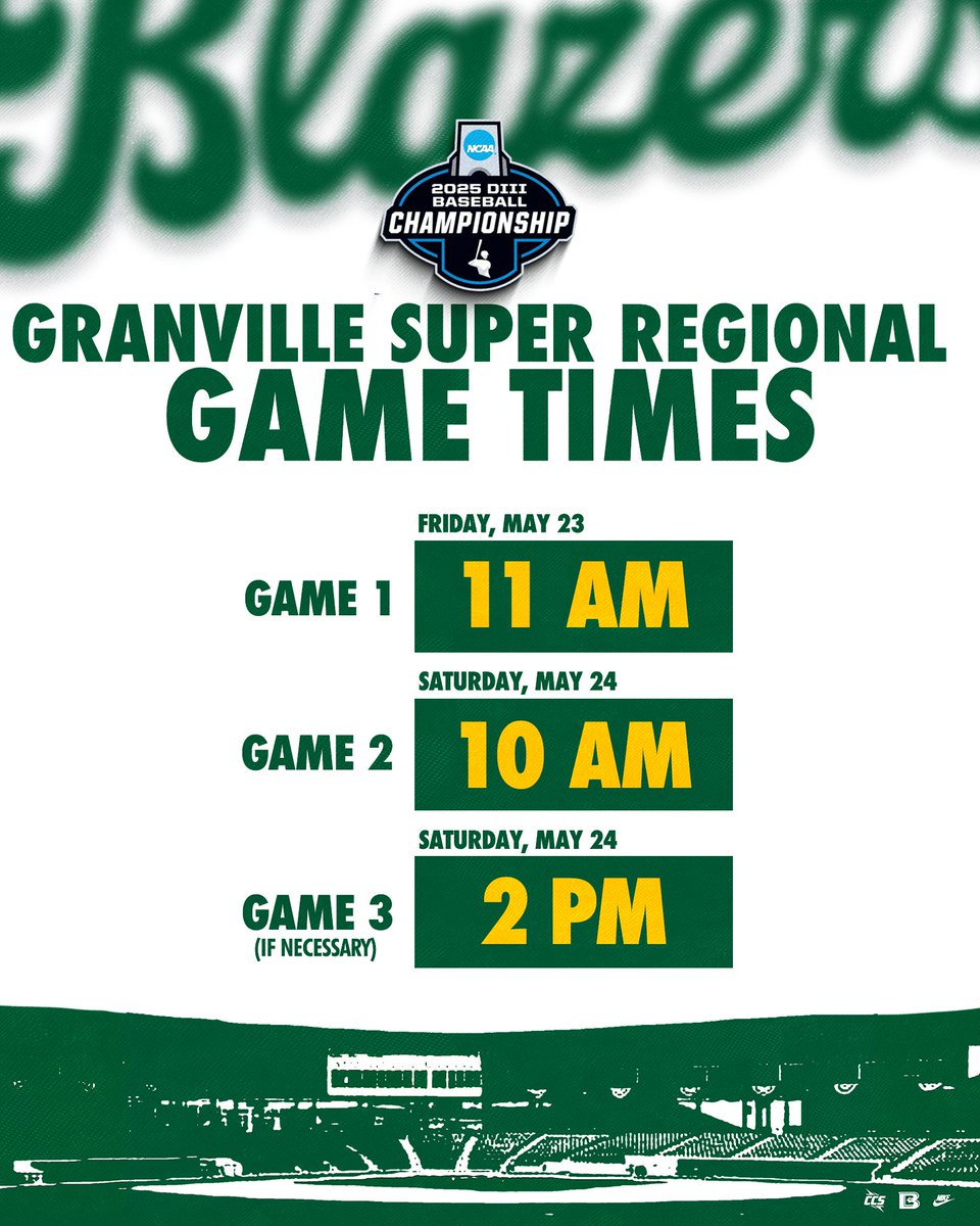 The Granville Super Regional is 𝐒𝐄𝐓!

Game 1 → Friday, May 23 at 11 AM CT
Game 2 → Saturday, May 24 at 10 AM CT
Game 3 (if necessary) → Saturday, May 24 at 2 PM CT

#GoGreen | #GreenCollar | #D3baseball