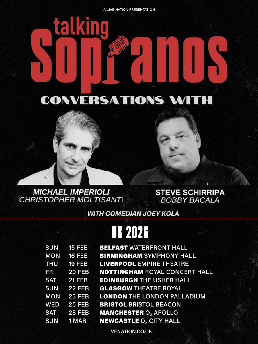 THE SOPRANOS ARE COMING TO THE UK! Talking Sopranos with Michael Imperioli and Steve Schirripa is a HILARIOUS LIVE SHOW you don't want to miss. This is the Sopranos like you've never seen them before. Live and unfiltered. Also featuring comedian Joey Kola. Get Your Tickets today!