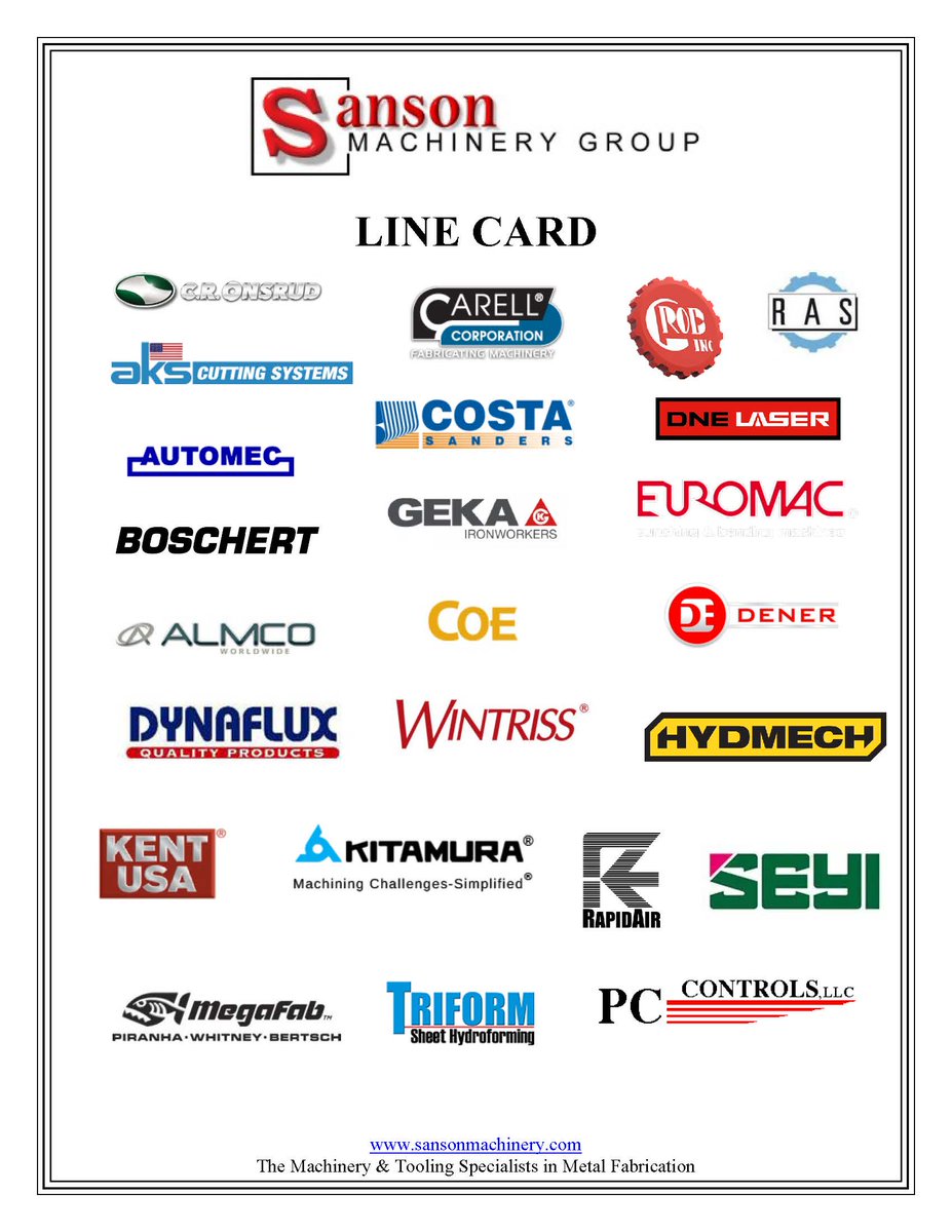 SansonMachinery's tweet image. Here are some of the manufactures that we rep! If you ever in need of equipment, tooling or parts please dont hesitate to reach out!

#hydmech #Automec #seyi #denerpressbrake #triform #kentusa #boschert #akslaser #Kitamura #RapidAir #GROB #gekaironworker