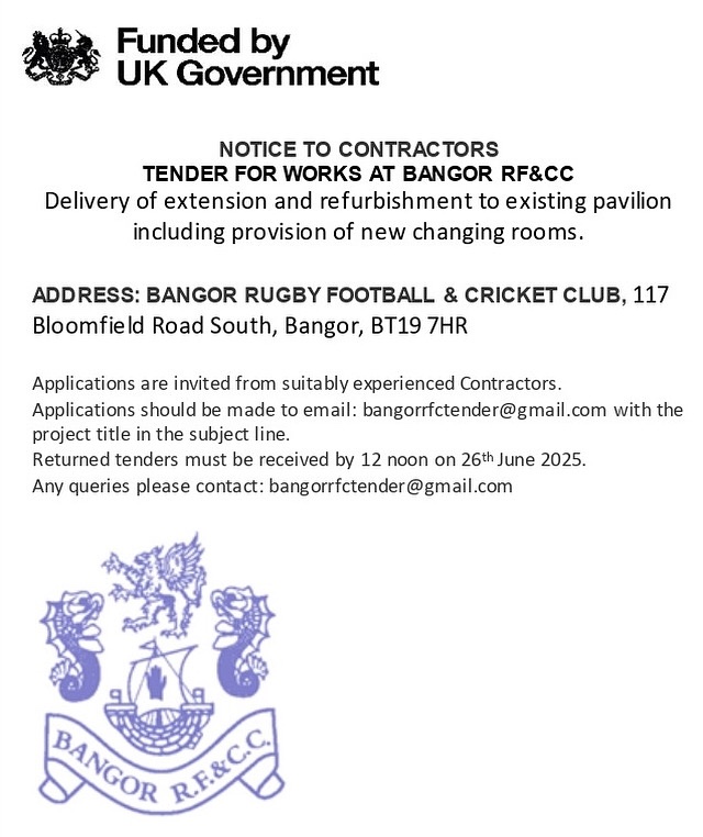 Notice to Contractors
Tender for Works at Bangor RF&amp;CC

Email - bangorrfctender@gmail.com