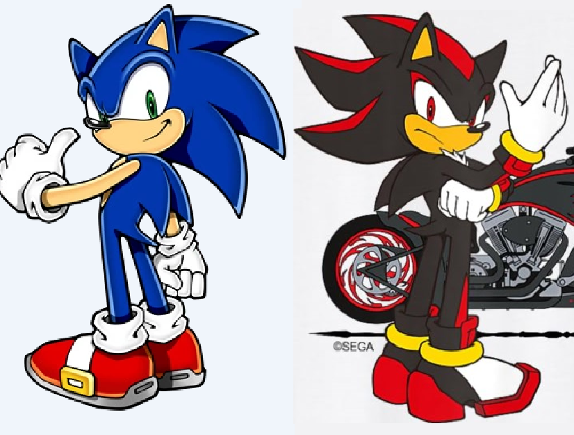 I've always been interested in how Sonic's characters are presented in official artworks. The best example is the Sonic/Shadow comparisons like "distorted" reflection (don't look at how much I screwed up the quality pics)...
or more pleasantly “look at it from a different angle”