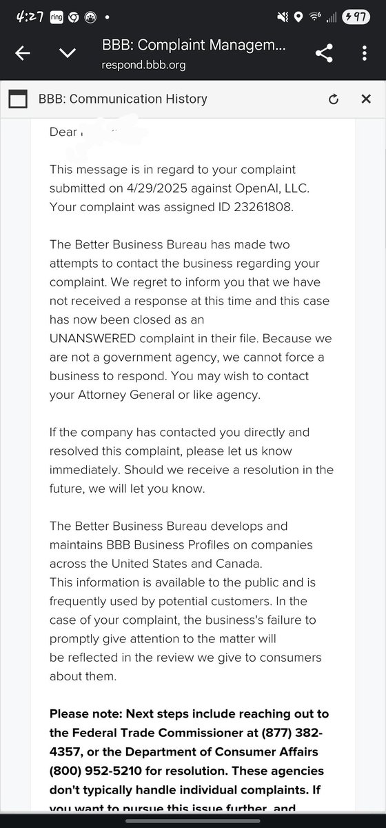 ProjectMARVEL's tweet image. I filed a formal complaint with @BBBTriCounties about @OpenAI.
They reached out twice on my behalf.
OpenAI ignored both attempts.

This is the response I got.

Thank you for confirming everything I’ve been saying.

@ChatGPTapp  
@USAGov @FTC @AGMaryland @CalAGRobBonta @TheMarkup