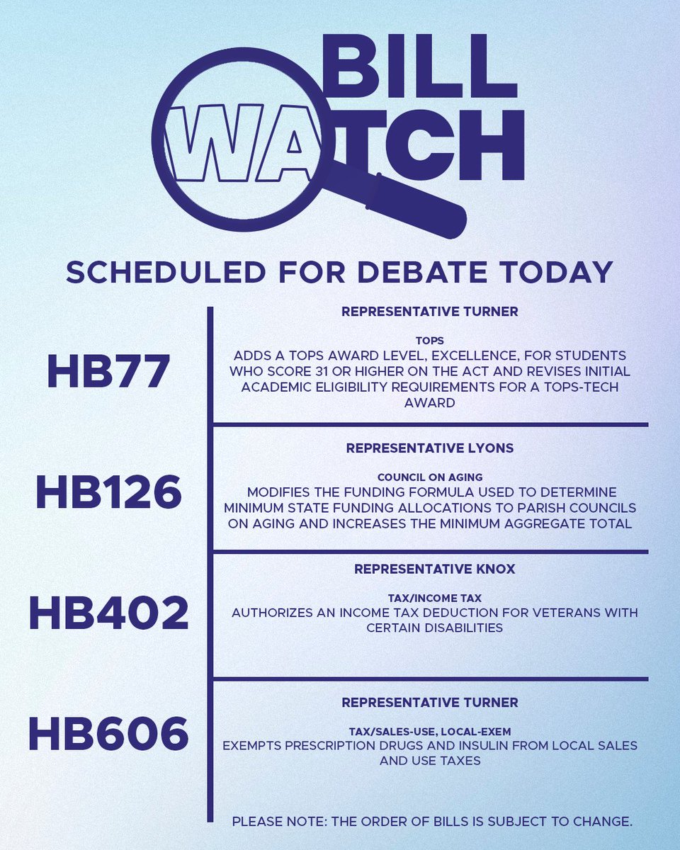 Key bills up for debate today—tune in now to watch the action via the LALEGE app or legis.la.gov

#lalege