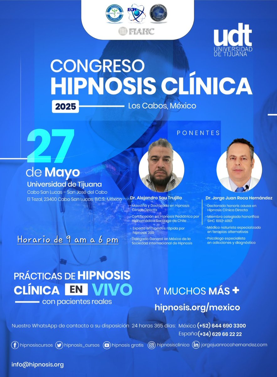 Congreso Internacional de Hipnosis en Los Cabos el prox. martes 27 mayo, presencial 🧠✨

Únete a líderes mundiales en Hipnosis para explorar técnicas innovadoras y aplicaciones terapéuticas

Un evento cumbre que va a mejorar tu práctica Hipnoterapéutica, eleva tu carrera al