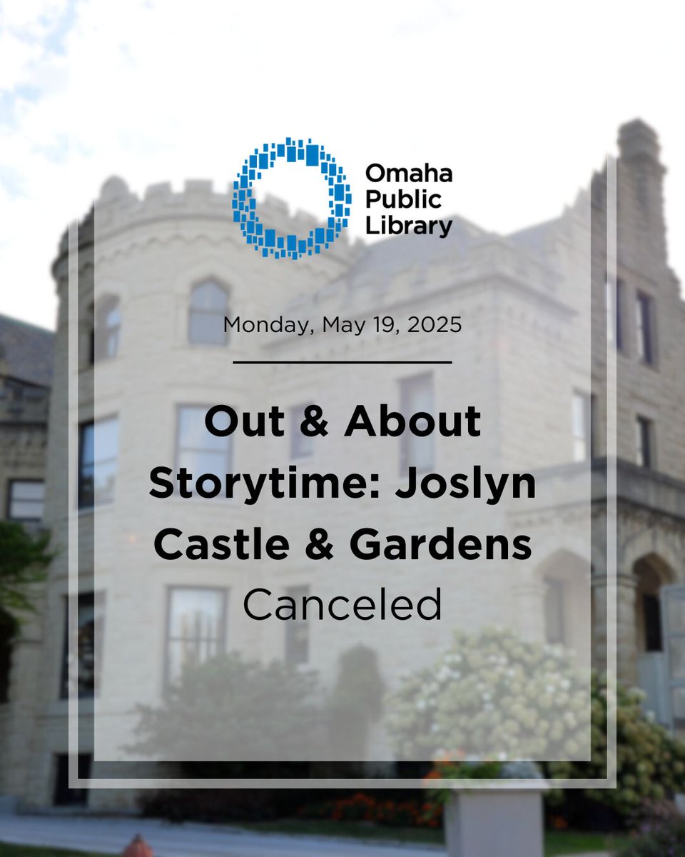 📢 Event Update: Tonight’s (Monday, May 19) Out &amp; About Storytime at Joslyn Castle &amp; Gardens has been canceled due to forecasts for severe weather in the area.
📅 Explore more upcoming storytimes on our events calendar at omahalibrary.org/events #Omaha