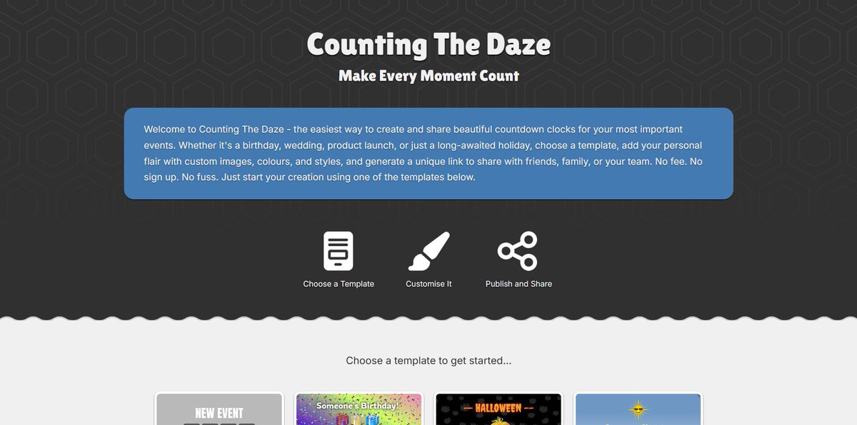 EricRetro's tweet image. I've been on a game dev sabbatical in recent weeks to work on something a little different. It's a website for creating event countdown timers for, well, anything really. Just for fun. It's almost finished, give a go at:
countingthedaze.com
#countdown #event