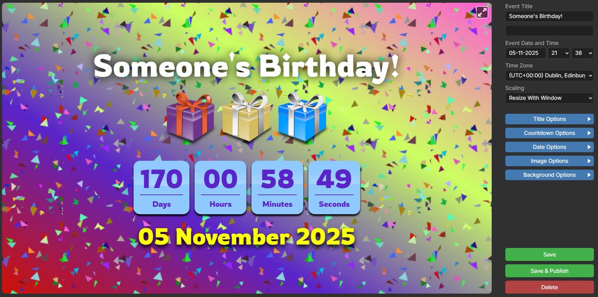 EricRetro's tweet image. I've been on a game dev sabbatical in recent weeks to work on something a little different. It's a website for creating event countdown timers for, well, anything really. Just for fun. It's almost finished, give a go at:
countingthedaze.com
#countdown #event