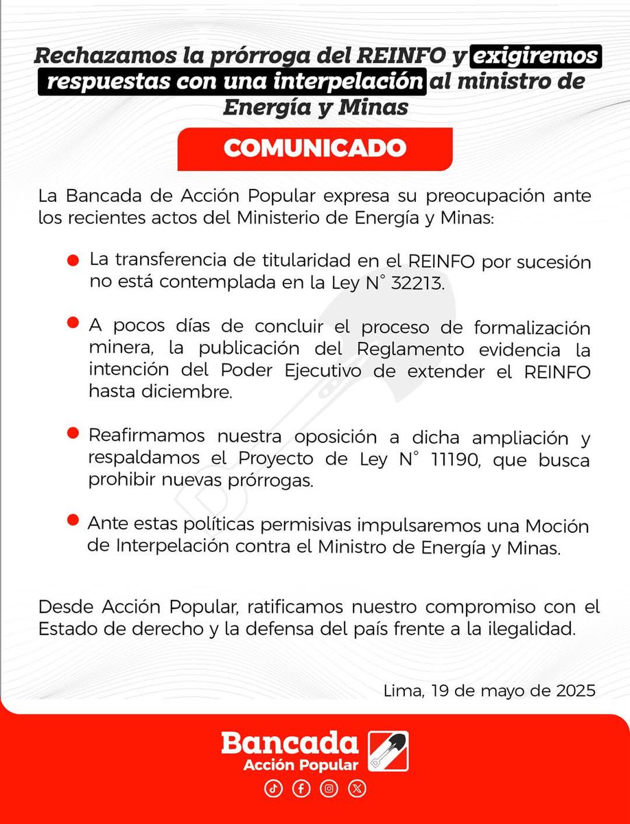 <a href="/AccionPopular/">Partido Político Acción Popular</a> respalda decisión de nuestra <a href="/ApBancada/">Bancada Acción Popular 🇵🇪</a> de oponerse a la prórroga del #Reinfo. Pretenden perpetuarlo a través de un derecho hereditario, en lugar de generar los incentivos para sacar de la informalidad a esos mineros. Claramente le terminan haciendo el juego a la