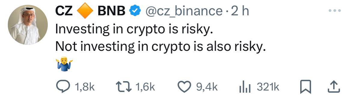 zestedecrypto's tweet image. Changpeng Zhao : &quot;Investir dans la crypto est risqué. Ne pas investir dans la crypto est également risqué.&quot;
#crypto #bitcoin