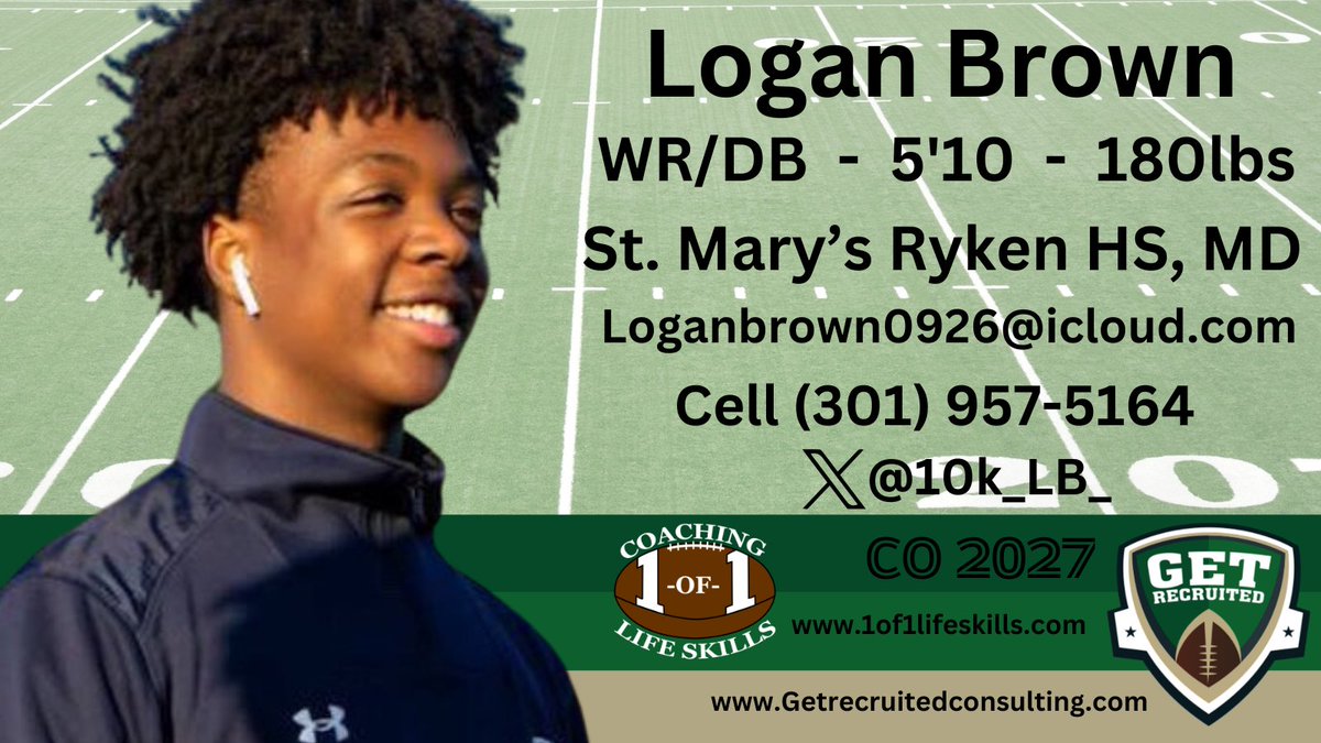Logan Brown - CO 2027 - WR/DB - 5'10, 180lbs - 4.06 GPA - Athletic, explosive, fast, and smart. St. Mary's Ryken HS, MD. Info: x.com/10k_LB_ <a href="/10k_LB_/">LoganBrown</a> @1of1lifeskills <a href="/BrownU_Football/">Brown Bears Football</a> <a href="/CULionsFB/">Columbia Football</a> <a href="/BigRed_Football/">Cornell Football</a> <a href="/DartmouthFTBL/">Dartmouth Football</a> <a href="/HarvardFootball/">Harvard Football</a> <a href="/PrincetonFTBL/">Princeton Football</a>