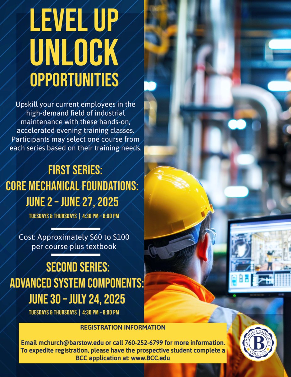 Calling all industrial maintenance employers and employees:  Refresh. Retrain. Reinforce. 
Evening upskill courses start June 2 at BCC. 
--&gt; Enroll today at barstow.edu!

#upskill #maintenance #education