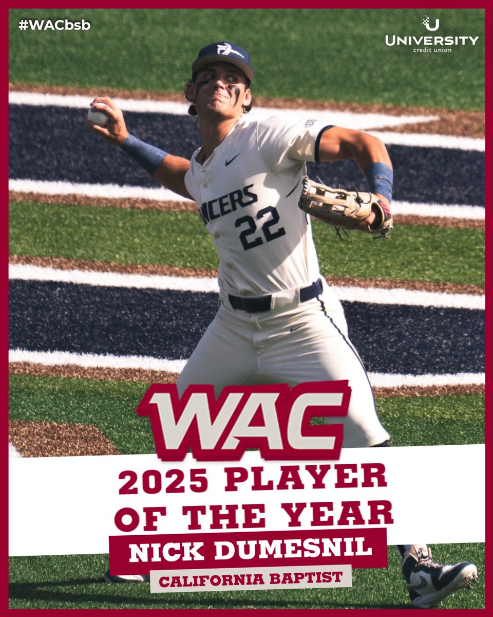 The Western Athletic Conference (@wacsports) on Twitter photo 🌟⚾️ 2025 WAC BASEBALL PLAYER OF THE YEAR ⚾️🌟
Nick Dumesnil | <a href="/CBUbaseball/">California Baptist Baseball</a>
#OneWAC x #WACsb 🌟⚾️ 2025 WAC BASEBALL PLAYER OF THE YEAR ⚾️🌟
Nick Dumesnil | <a href="/CBUbaseball/">California Baptist Baseball</a>
#OneWAC x #WACsb