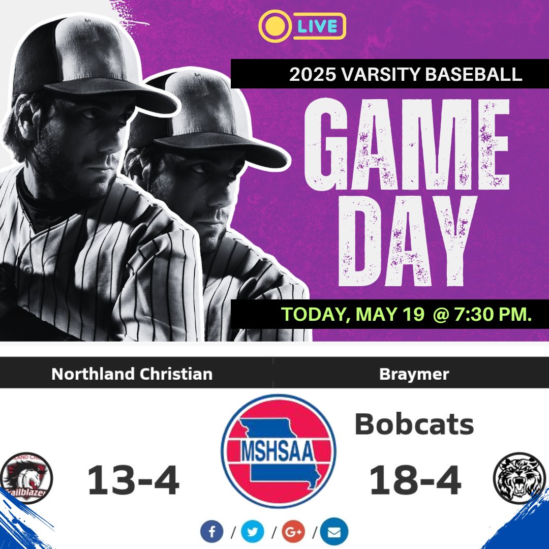 🔥𝙂𝘼𝙈𝙀𝘿𝘼𝙔
⚾️ Northland Christian 🆚 Braymer 
📺 Live: livestream.highschoolsports.live
🗓 Today, May 19
⏰️ 7:30p.
<a href="/StarnsDavid/">David Starns</a> <a href="/sam_gliser/">Sam Gliser</a> <a href="/BB_Wolf_21/">Joshua Wolf #21</a> <a href="/NCSTrailblazers/">Northland Christian</a> <a href="/deimeke03/">Jeff Deimeke</a>
