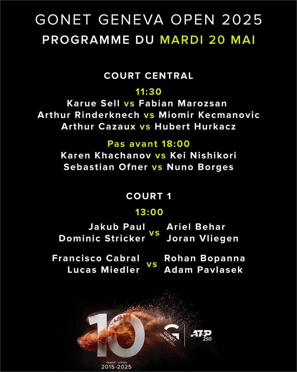 𝐏𝐫𝐨𝐠𝐫𝐚𝐦𝐦𝐞 𝐝𝐞 𝐝𝐞𝐦𝐚𝐢𝐧 🔥🎾

#gonetgenevaopen #atpgva #orderofplay #programmedujour #atp #tennistv #atptour #geneva #geneve #suisse #switzerland #genevaevent #tennis #welovetennis #tennislove #tennisfan #tennislife #tennistime