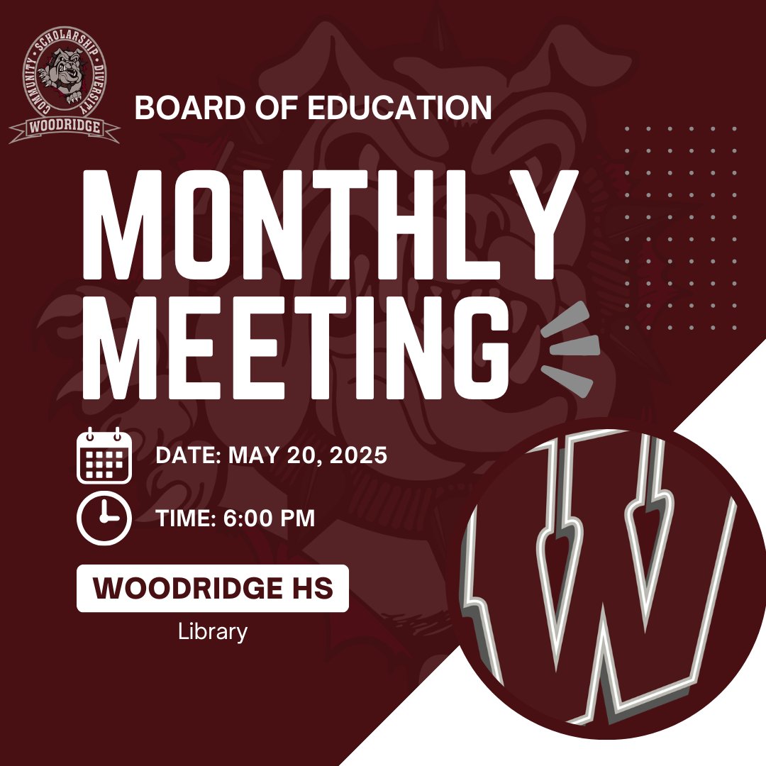 📢 Reminder: The next Woodridge Board of Education meeting is scheduled for May 20, 2025 in the WHS Library.

We hope to see you there!