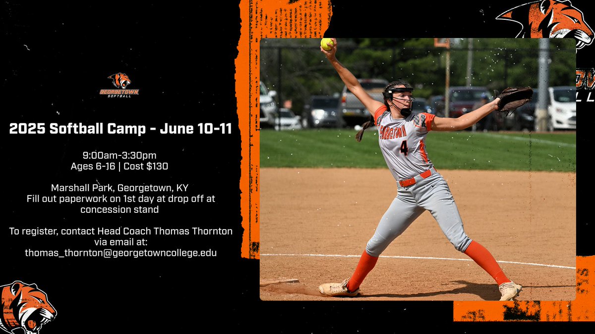 Georgetown Softball has announced the details for its 2025 summer camp. Contact Head Coach, Thomas Thornton, to get signed up. #TigerPride