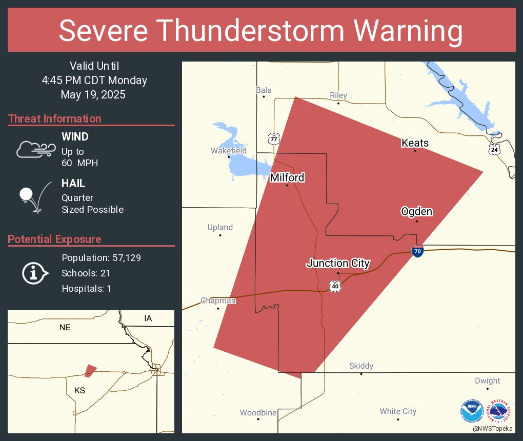 NWSTopeka's tweet image. Severe Thunderstorm Warning including Junction City KS, Ogden KS and  Grandview Plaza KS until 4:45 PM CDT