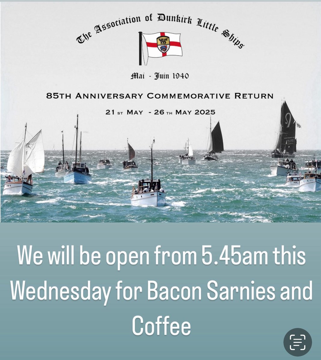 To witness the historic Dunkirk Little Ships as they head out to sea,
we’ll be open this Wednesday morning from 5:45 AM.

Don’t miss this rare and moving tribute as the fleet sets sail from Ramsgate Harbour.

Come early, grab a hot drink, and be part of this special moment