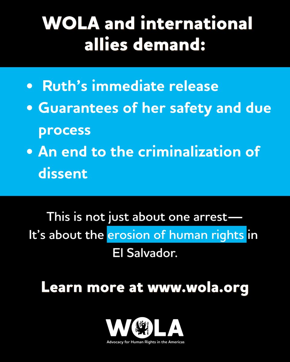 🇸🇻 Ruth López, a prominent human rights defender in #ElSalvador and head of the anti-corruption unit at Cristosal, was arrested last night.
Her whereabouts remain unknown.
Neither her family nor her legal team has been allowed access to her.
Learn more: wola.org/2025/05/el-sal…