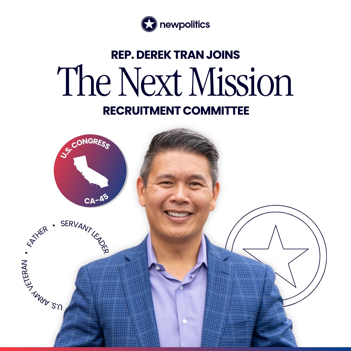 We're excited to announce that Rep. Derek Tran is joining The Next Mission as a Recruitment Co-Chair! ⭐️ Rooted in service, <a href="/derektranCA45/">Derek Tran</a> is ready to identify, inspire, and support the next generation of leaders to run for office. 

thenextmission.us