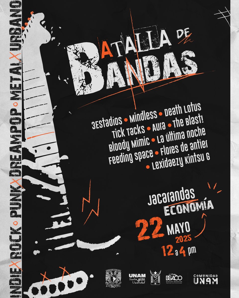 Comunidad UNAM (@comunidad_unam) on Twitter photo 🎤¡ #ComunidadUNAM, prepárense para una explosión de talento con 11 bandas que vienen a romper el escenario !🤘😎
📍 Jacarandas, Facultad de Economía
📅 22 de mayo 
🕛 De 12 a 16 h.
¡Ven a apoyar a tu banda favorita y vibra con la música en vivo! 🎧💥
#BatallaDeBandasUNAM 🎸🎤 🎤¡ #ComunidadUNAM, prepárense para una explosión de talento con 11 bandas que vienen a romper el escenario !🤘😎
📍 Jacarandas, Facultad de Economía
📅 22 de mayo 
🕛 De 12 a 16 h.
¡Ven a apoyar a tu banda favorita y vibra con la música en vivo! 🎧💥
#BatallaDeBandasUNAM 🎸🎤
