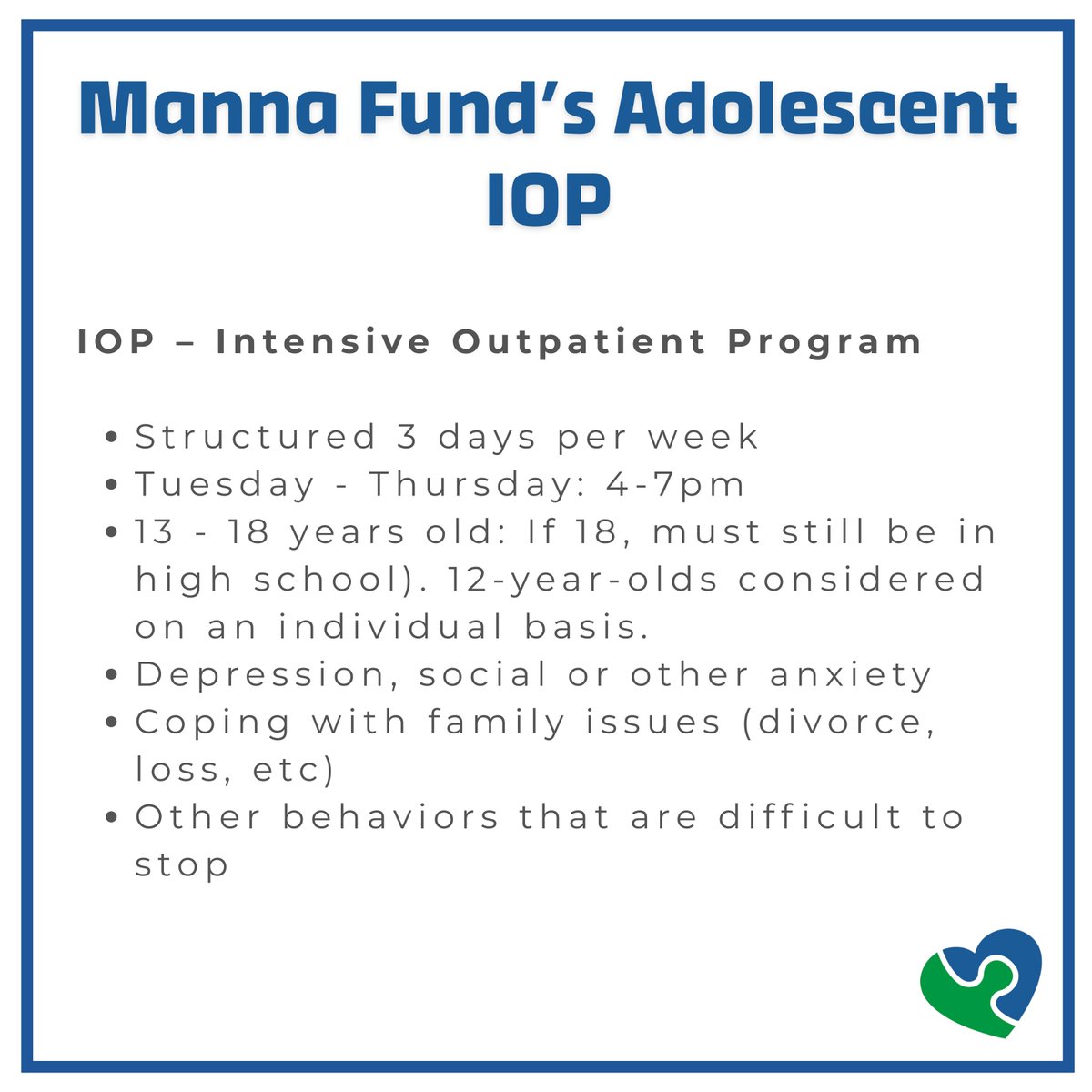 When weekly therapy isn’t enough, Manna’s Adolescent IOP offers extra support for teens facing anxiety, depression, or emotional struggles.

🗓️ Tues–Thurs | 4–7 PM
📍 Duluth + virtual options
More info 👉 mannafund.org/adolescent-iop/
#TeenMentalHealth #MannaCares #AdolescentIOP