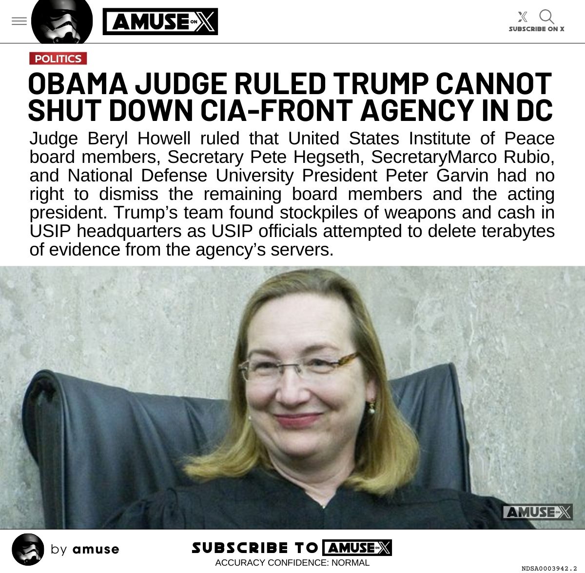 ANOTHER ROGUE ROBED JUDGE!
♦️🇺🇸♦️🇺🇸♦️🇺🇸♦️🇺🇸♦️🇺🇸♦️
USIP accused of being a CIA front!

Judge Beryl Howell is an OBAMA 
appointee. Surprised? 

They has WEAPONS and CASH in
their office.TRIED TO DELETE 
evidence! 

If the Supreme Court Does Not fix,

CONGRESS GET OFF YOUR ASS!