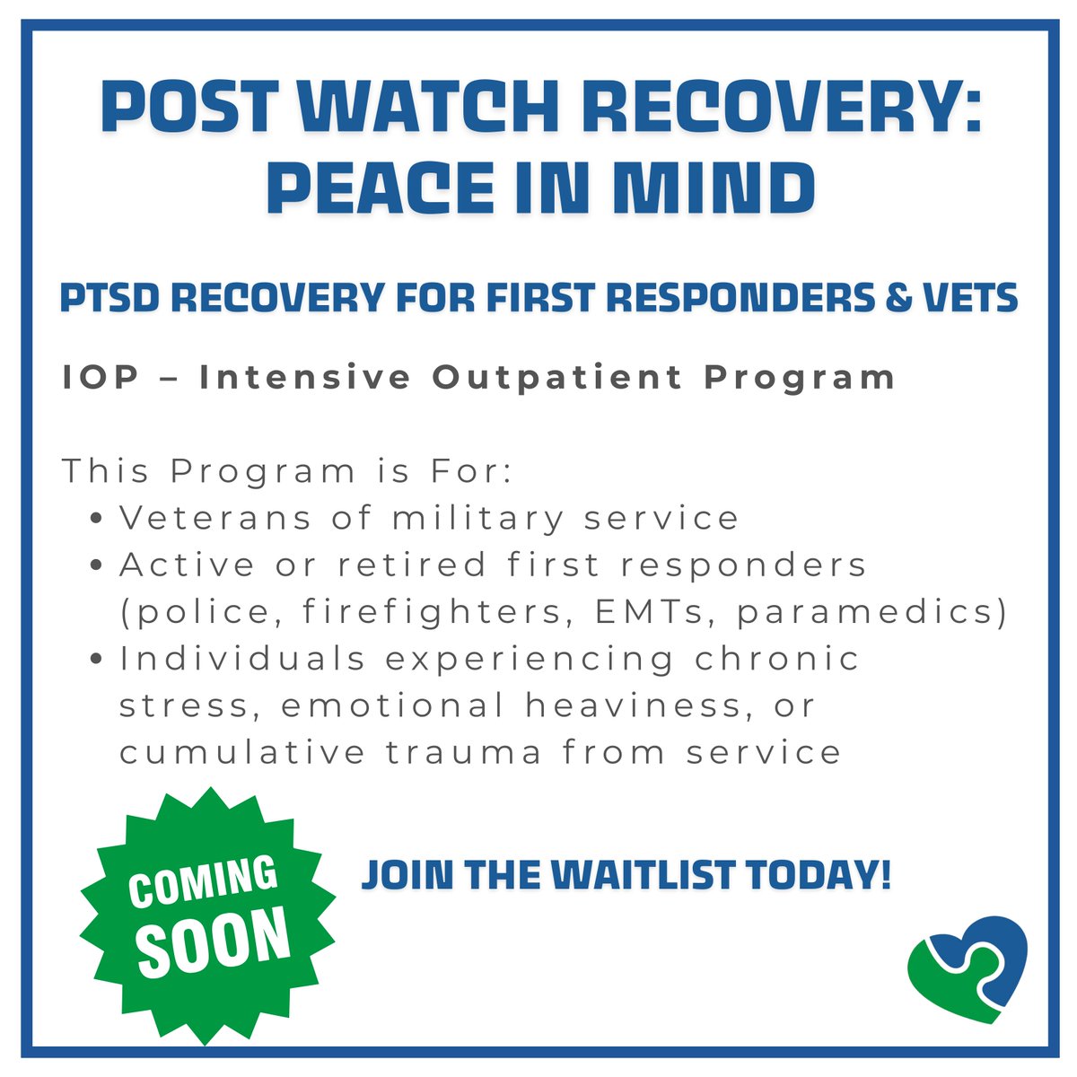 🧠 New Program: Post Watch Recovery – Peace in Mind 🕊️
For #veterans &amp; #firstresponders carrying the weight of trauma — you don’t have to do it alone.

✨ Reclaim your calm, your strength, your life.
📞 Call 770-495-9775 to join the waitlist.

#PostWatchRecovery #PTSDRecovery