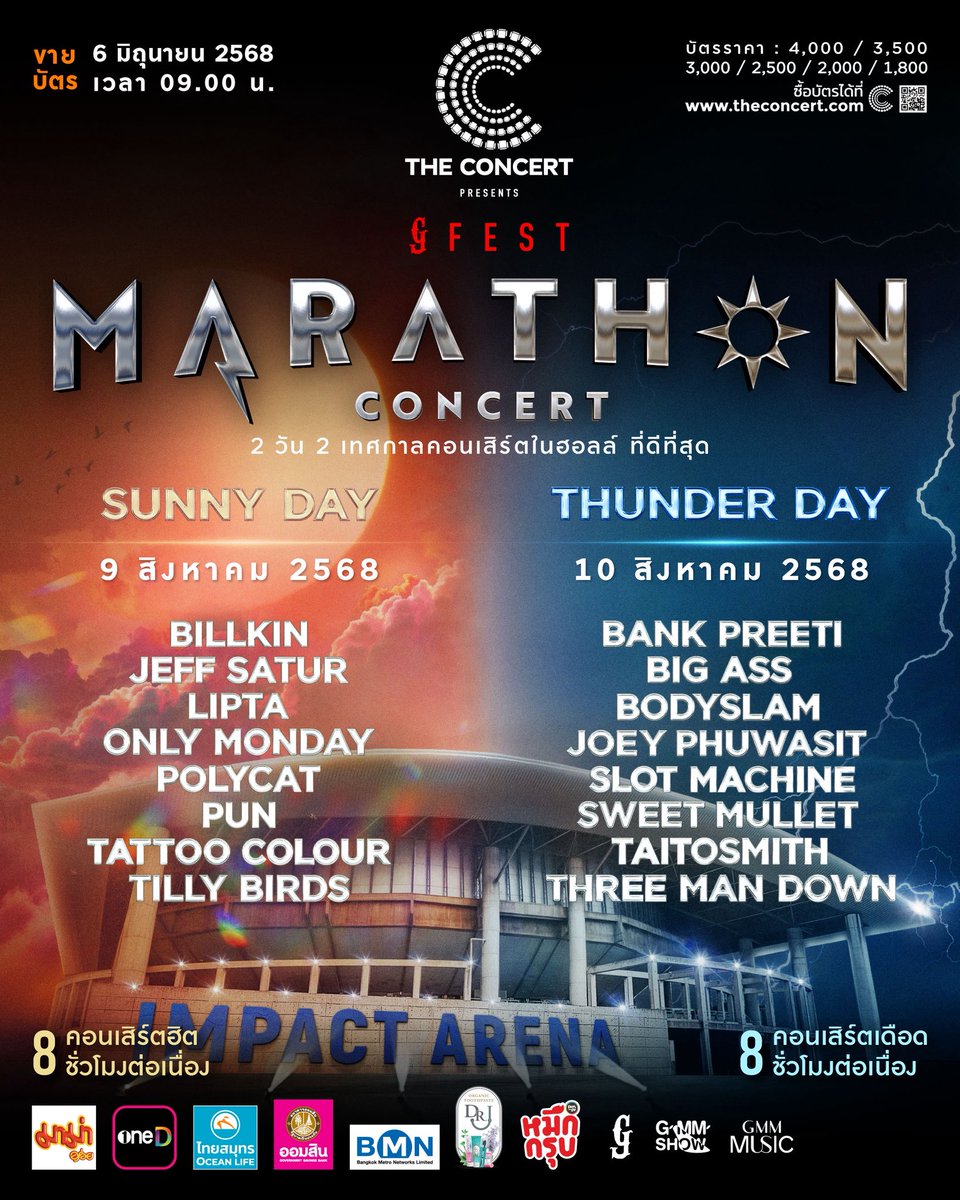 2 วัน กับที่สุดของ 16 คอนเสิร์ตมาราธอน

9 และ 10 สิงหาคม 2568
Impact Arena เมืองทองธานี

จำหน่ายบัตร: 6 มิถุนายน 2568 เวลา 09.00 น. เป็นต้นไป

#MarathonConcert2025
#TheConcertApplication
#GFest
#GMMShow
#2วัน2เทศกาลคอนเสิร์ตในฮอลล์ที่ดีที่สุด