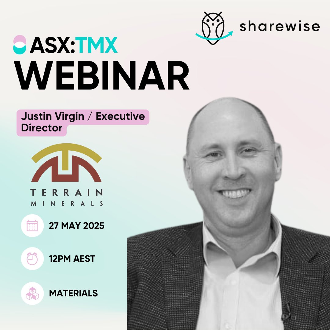 Sharewise (@sharewiseau) on Twitter photo Watch our webinar with <a href="/TerrainMinerals/">Terrain Minerals</a>, featuring Executive Director Justin Virgin.
The webinar will include an interview and a live Q&A with the audience, providing you the opportunity to ask Justin any questions about TMX that you may have.
Register: hubs.la/Q03nfYt00 Watch our webinar with <a href="/TerrainMinerals/">Terrain Minerals</a>, featuring Executive Director Justin Virgin.
The webinar will include an interview and a live Q&A with the audience, providing you the opportunity to ask Justin any questions about TMX that you may have.
Register: hubs.la/Q03nfYt00