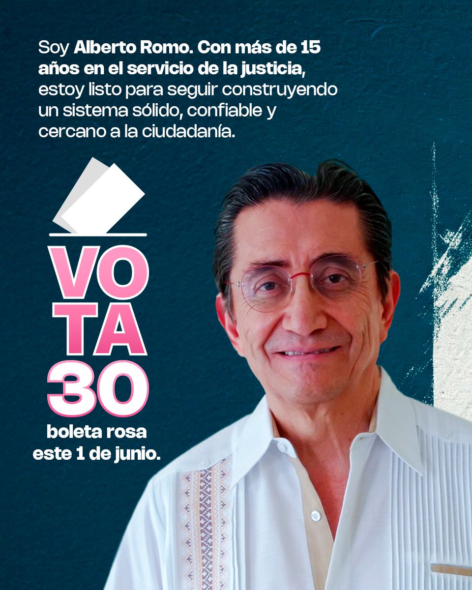 AlbertoRommx's tweet photo. 🔎 La reforma judicial es un paso adelante para México. Y su éxito dependerá de quiénes estén al frente de su aplicación.

📅 Este 1 de junio, elige experiencia, ética y compromiso con la verdad. Vota 30 en la boleta rosa.

#AlbertoRomo #Vota30 #EleccionesJudiciales2025 https://t.co/FhTWTQGumv