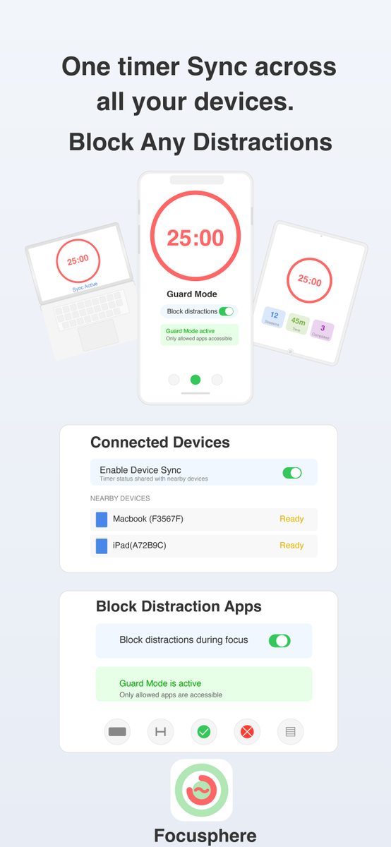 Built Focusphere to save my ADHD brain! This app blocks distractions across all Apple devices with:

Strict Focus Mode
Smart App Scheduling
Clean Pomodoro Timer
Cross-device sync

From distracted postdoc to focused developer!
Free on iOS App Store, 14-day premium trial.